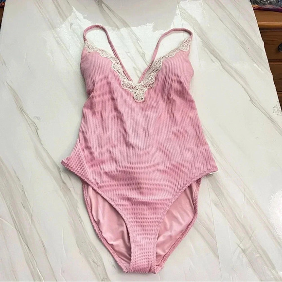 Aerie Waffle V-Neck One Piece Swimsuit Size XL Country Pink Adjustable Straps - Picture 1 of 14